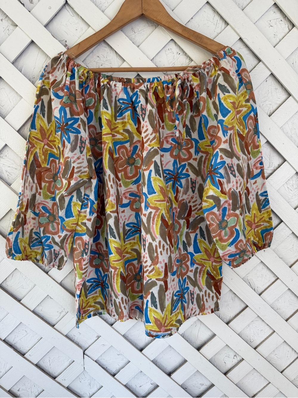 Hester & Orchard Floral Linen Blend Elastic Neck Peasant Blouse XL
